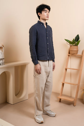 Edmmond Studios - Long Sleeve Button Down Collar Linen Shirt in Navy