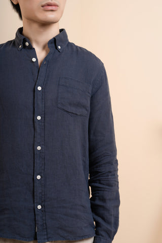 Edmmond Studios - Long Sleeve Button Down Collar Linen Shirt in Navy