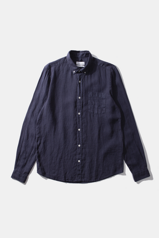 Edmmond Studios - Long Sleeve Button Down Collar Linen Shirt in Navy